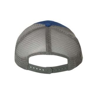 Grey snapback closure on a trucker hat with grey mesh sides.