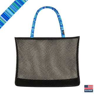 Black mesh tote bag with blue patterned handle on a white background. Sand Island mesh beach tote made in Washburn Wisconsin for beach days, sports gear, towels, and lake adventures.