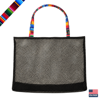 Black mesh tote bag with colorful handle on a white background. Sand Island mesh beach tote made in Washburn Wisconsin for beach days, sports gear, towels, and lake adventures.