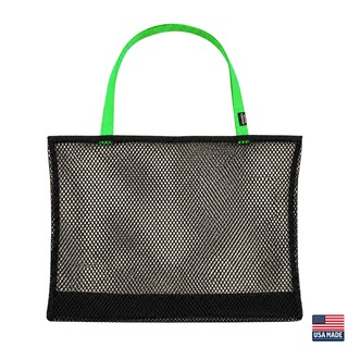 Black mesh tote bag with green handles on a white background, featuring 'USA Made' label. Sand Island mesh beach tote made in Washburn Wisconsin for beach days, sports gear, towels, and lake adventures.