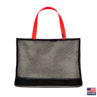 Black mesh tote bag with red handles on a white background, featuring 'USA Made' label. Sand Island mesh beach tote made in Washburn Wisconsin for beach days, sports gear, towels, and lake adventures.