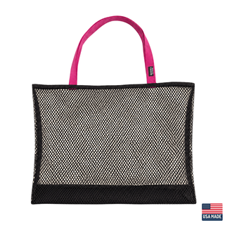 Mesh tote bag with pink handles on a white background. Sand Island mesh beach tote made in Washburn Wisconsin for beach days, sports gear, towels, and lake adventures.