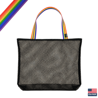 Black mesh tote bag with rainbow handles on a white background. Sand Island mesh beach tote made in Washburn Wisconsin for beach days, sports gear, towels, and lake adventures.