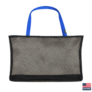 Black mesh tote bag with blue handle on a white background, featuring 'USA Made' label. Sand Island mesh beach tote made in Washburn Wisconsin for beach days, sports gear, towels, and lake adventures.