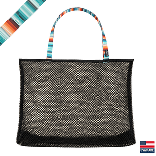 Black mesh tote bag with colorful handle on a white background. Sand Island mesh beach tote made in Washburn Wisconsin for beach days, sports gear, towels, and lake adventures.