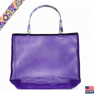 Sand Island mesh beach tote made in Washburn Wisconsin for beach days, sports gear, towels, and lake adventures.