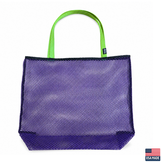 Purple mesh tote bag with green handles on a white background. Sand Island mesh beach tote made in Washburn Wisconsin for beach days, sports gear, towels, and lake adventures.