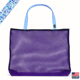 Purple mesh tote bag with blue handle on a white background. Sand Island mesh beach tote made in Washburn Wisconsin for beach days, sports gear, towels, and lake adventures.