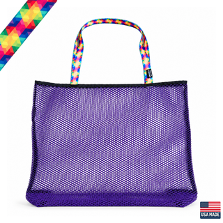 Purple mesh tote bag with colorful handle on a white background. Sand Island mesh beach tote made in Washburn Wisconsin for beach days, sports gear, towels, and lake adventures.