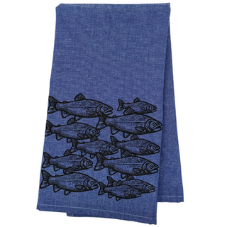 One 28" x 20" denim blue colored towel, design of a school of fish
Proudly designed and printed in Washburn, WI, USA