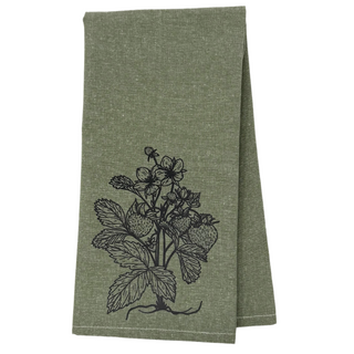 One 28" x 20" tea towel with design of a strawberry plant
Proudly designed and printed in Washburn, WI, USA