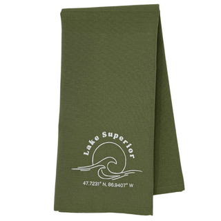 One 28" x 20" tea towel with design Coordinates of lake superior 
Proudly designed and printed in Washburn, WI, USA