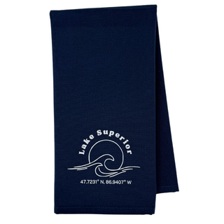 One 28" x 20" tea towel with design Coordinates of lake superior 
Proudly designed and printed in Washburn, WI, USA
