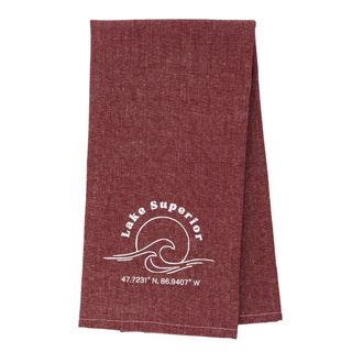 One 28" x 20" tea towel with design Coordinates of lake superior 
Proudly designed and printed in Washburn, WI, USA