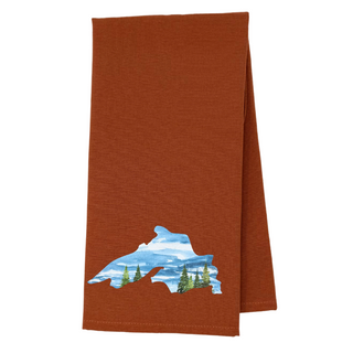 One 28" x 20" Burnt orange colored tea towel with design of woods and water lake superior 
Proudly designed and printed in Washburn, WI, USA