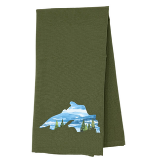One 28" x 20" green colored tea towel with design of woods and water lake superior 
Proudly designed and printed in Washburn, WI, USA