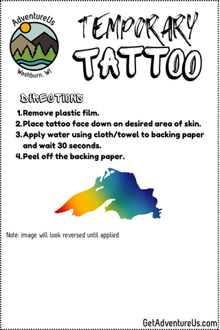 Show off your love of Lake Superior with this fun temporary tattoo! Full Color Rainbow ombre in the shape of Lake Superior Made in the USA Multiple Size Options