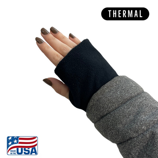 
Thermal Snow Sleeves® are a soft, warm wrist gaiter designed to be worn as fingerless gloves.  

Ideal for chilly fall and spring days, driving, computer work, skiing, hiking and more.
Insulating micro fleece fabric.
Specially placed thumb hole designed for extra hand coverage.
Recommended for ages 12 and older.