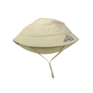 Beige bucket sun hat for toddlers between one and three years with a small Lake Superior silver patch.