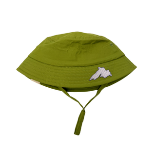 Green bucket sun hat for toddlers between one and three years with a small Lake Superior silver patch.