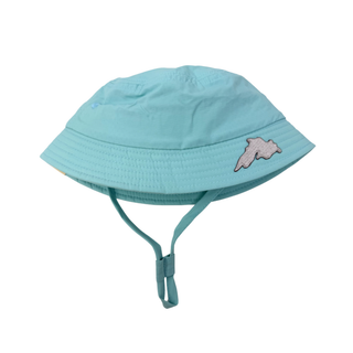 Blue toddler bucket sun hat with a small Lake Superior silver patch.