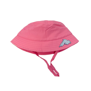 Pink toddler bucket sun hat with a small Lake Superior silver patch.