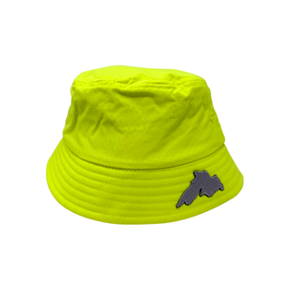 Yellow bucket sun hat for toddlers between one and three years with a small Lake Superior silver patch.