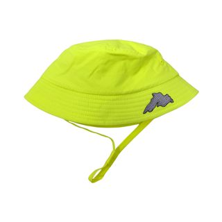 Yellow bucket sun hat for toddlers between one and three years with a small Lake Superior silver patch.