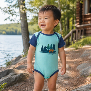 Child wearing a blue and navy swimsuit with a nature graphic featuring a bear in the forest with the words Lake Superior by a lakeside.