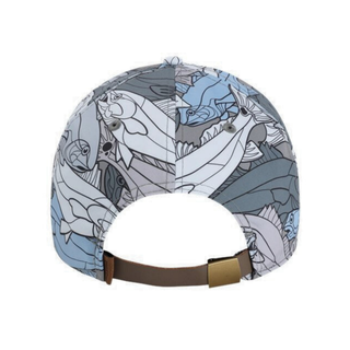 Blue Cap with fish all over pattern with an adjustable leather closure on back.