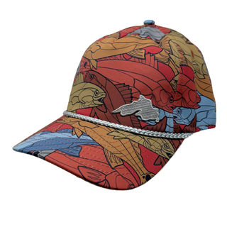 Red Cap with fish all over pattern with a small silver embroidered patch in the corner.