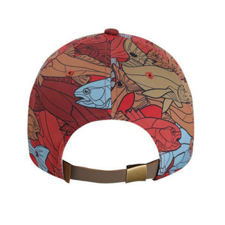 Red Cap with fish all over pattern with an adjustable leather closure on back.