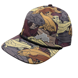 Brown Cap with fish all over pattern with a small silver embroidered patch in the corner.