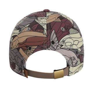 Brown Cap with fish all over pattern with an adjustable leather closure on back.