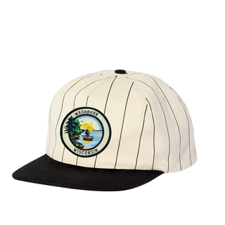 Black Pinstripe Flat Brimmed Hat featuring a woven patch of Egg Island on Lake Superior and the words Washburn Wisonsin designed by AdventureUs.