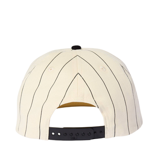 Snapback closure on black pinstripe baseball hat.