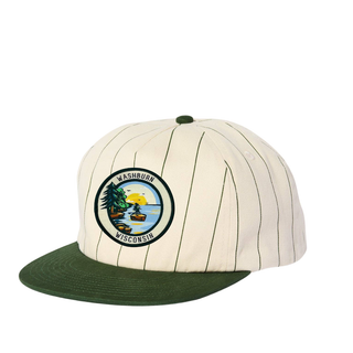 Green Pinstripe Flat Brimmed Hat featuring a woven patch of Egg Island on Lake Superior and the words Washburn Wisonsin designed by AdventureUs.
