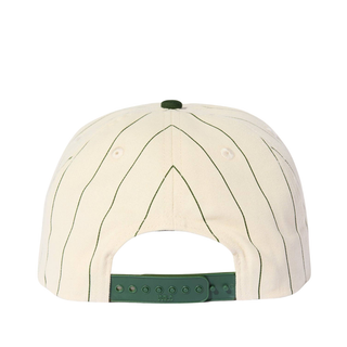 Snapback closure on black pinstripe baseball hat.
