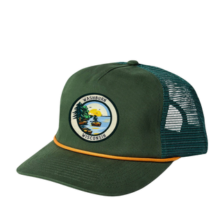 Hunter Green with orange rope Flat Brimmed Hat featuring a woven patch of Egg Island on Lake Superior and the words Washburn Wisonsin designed by AdventureUs.