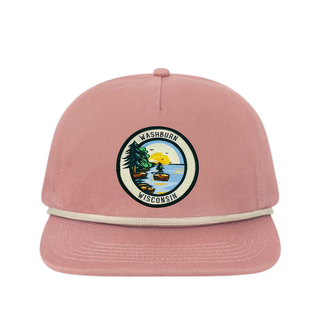 Rose colored with cream cord Flat Brimmed Hat featuring a woven patch of Egg Island on Lake Superior and the words Washburn Wisonsin designed by AdventureUs.