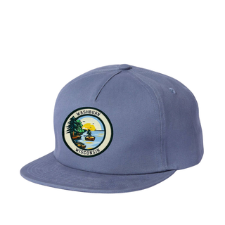 Slate Blue Flat Brimmed Hat featuring a woven patch of Egg Island on Lake Superior and the words Washburn Wisonsin designed by AdventureUs.