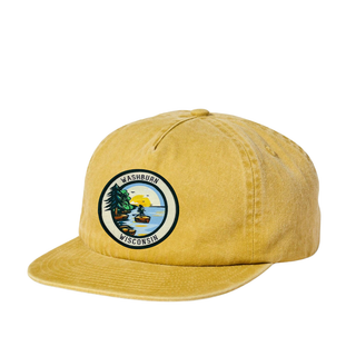 Sunburst Yellow Flat Brimmed Hat featuring a woven patch of Egg Island on Lake Superior and the words Washburn Wisonsin designed by AdventureUs.