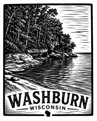 Washburn Lake Superior Shoreline Linocut | Vinyl Waterproof Sticker