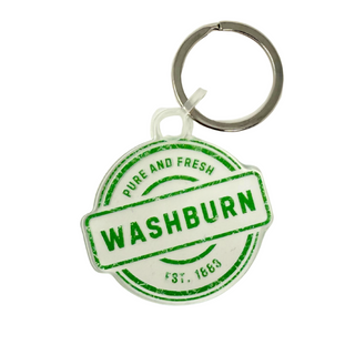 Washburn keychain with green text on a white background
