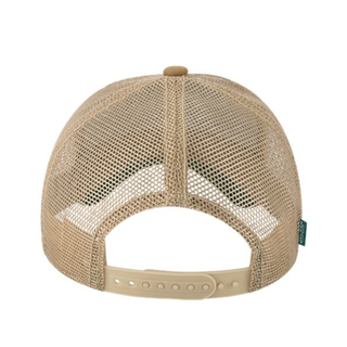 Trucker hat with mesh back and snapback enclosure.