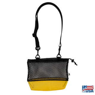 Yellow and Black AdventureUs mesh collecting bag with carrying strap for agate hunting, rock collecting, mushroom foraging, and beachcombing.