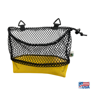 AdventureUs Mesh Collecting Bag in Yellow and Black. Gusseted bottom and drawstring closure on a mesh collecting bag for rocks, mushrooms, shells, and beach finds. Strap removed.