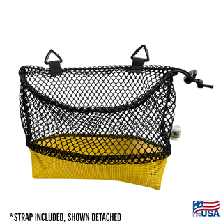Yellow AdventureUs mesh collecting bag with carrying strap shown detached for agate hunting, rock collecting, mushroom foraging, and beachcombing.