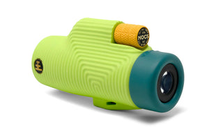 Green and blue monocular with yellow accent on a white background