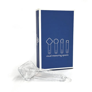 Clear measuring spoons with a blue box featuring illustrations of the spoons on a white background. Perfect for Camp Kitchens; Stackable, Packable, Practical and a Fun way to Learn Fractions. 